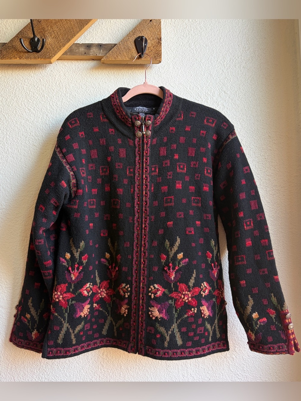 Icelandic Design Black and Red Embroidered Floral Zip Cardigan Medium